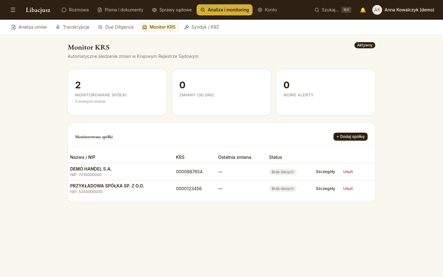 Monitor KRS z listą obserwowanych spółek