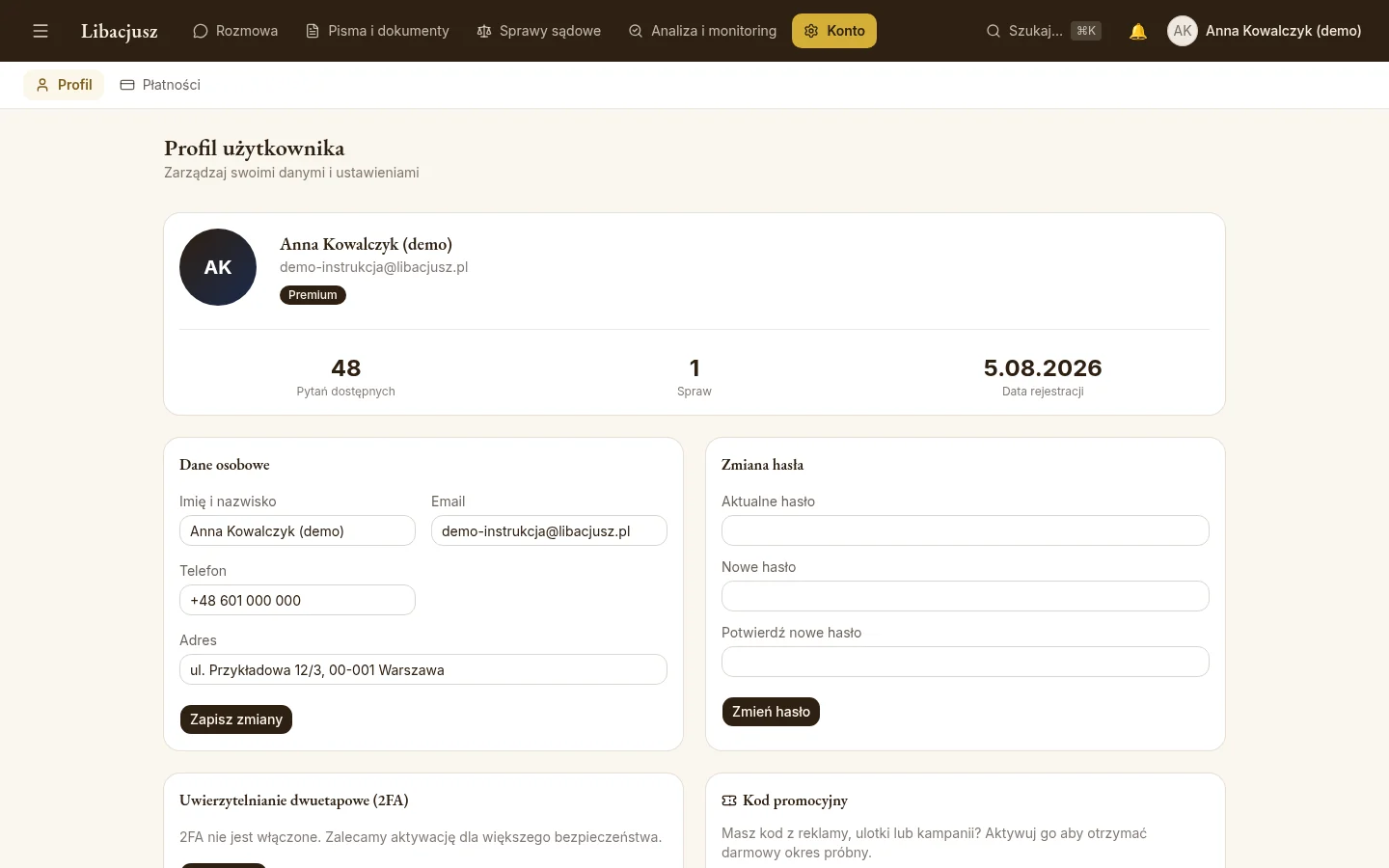 Profil użytkownika z danymi, zmianą hasła i sekcją 2FA